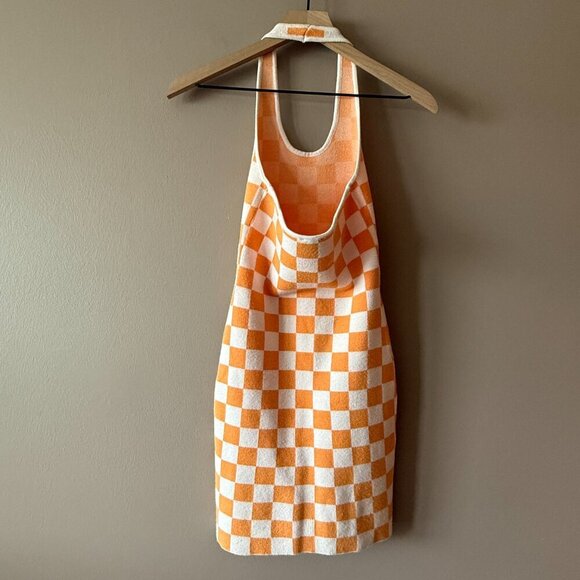 Women's XS/S Princess Polly Orange Checkmate Print Halter Bodycon Knit Mini - Picture 4 of 8
